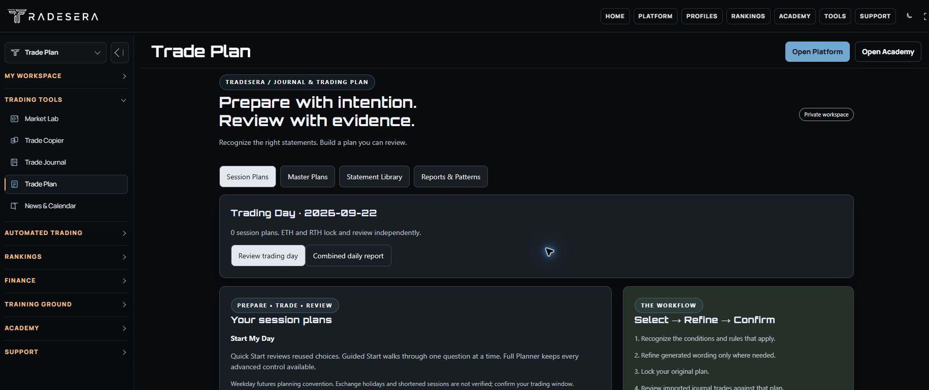 Actual Tradesera Portal showing Trade Plan, session planning, master plans, and the product navigation